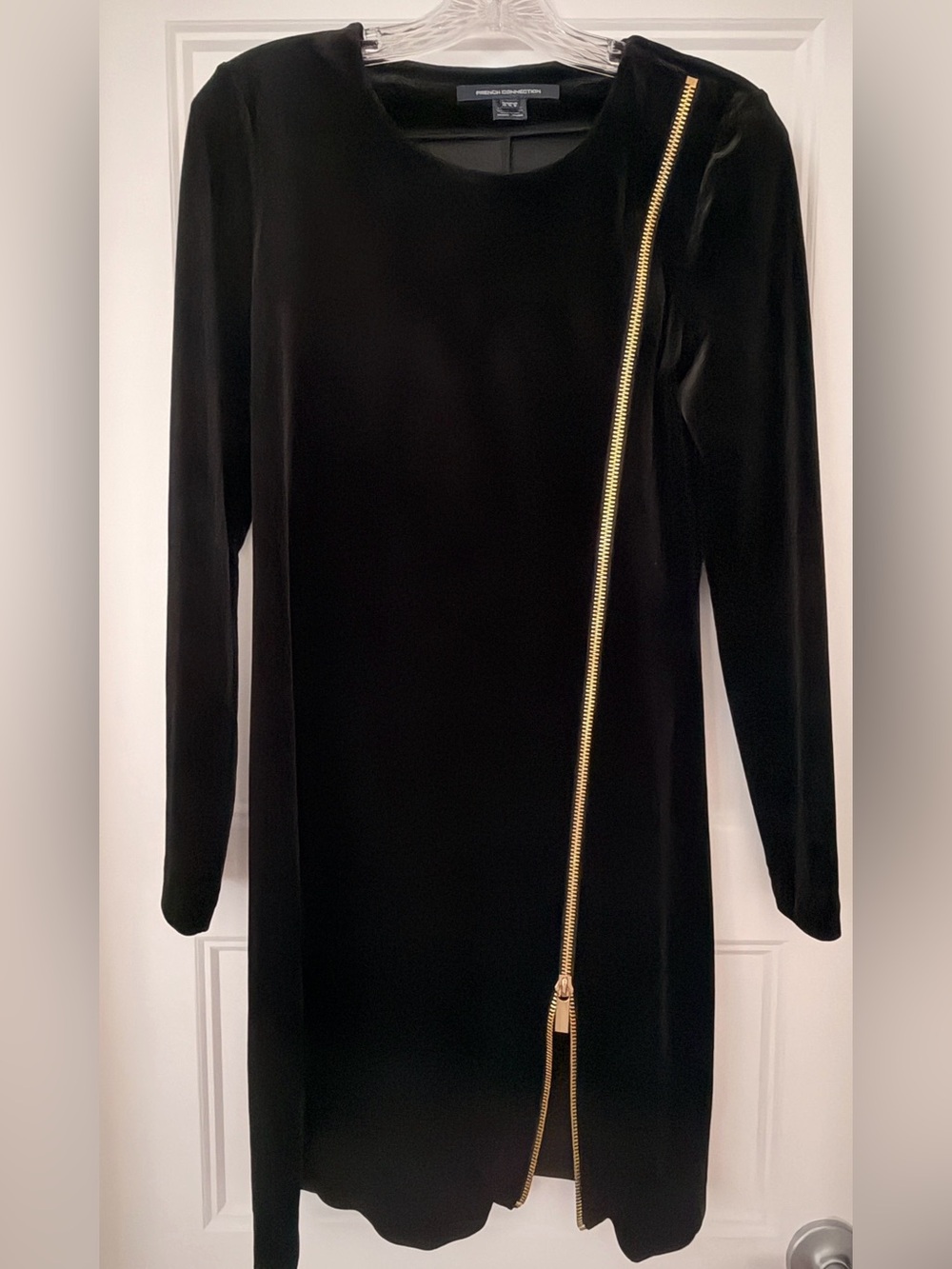 French Connection Black Velvet Long-Sleeve Dress with Gold Zip Detail